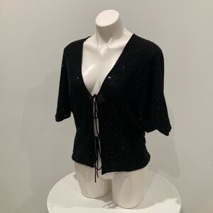 LAROK Black Cashmere Sequin Short Sleeve Cardigan Open Tie Front XS